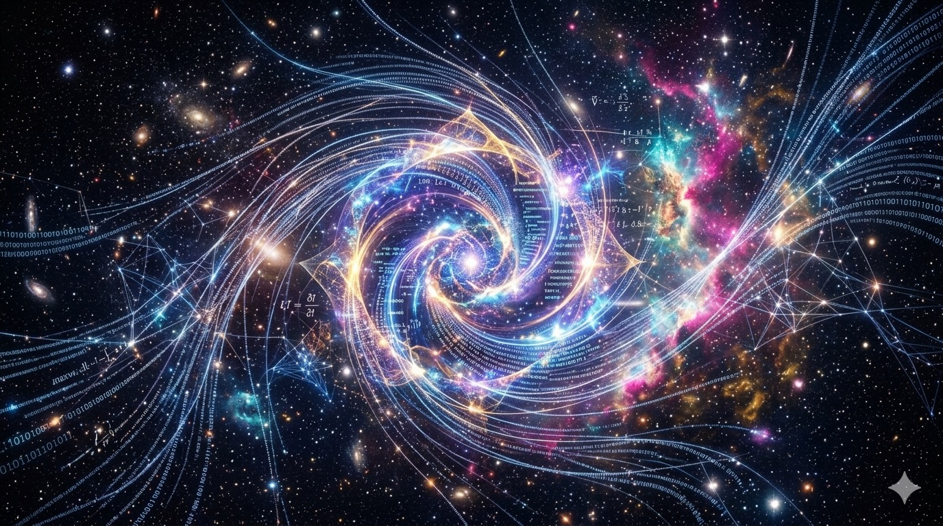 Gemini が同じ問いに対して出力した画像。宇宙的な秩序とデータの流れを思わせる、対称性と幾何学性を強調した青みの強い構図。