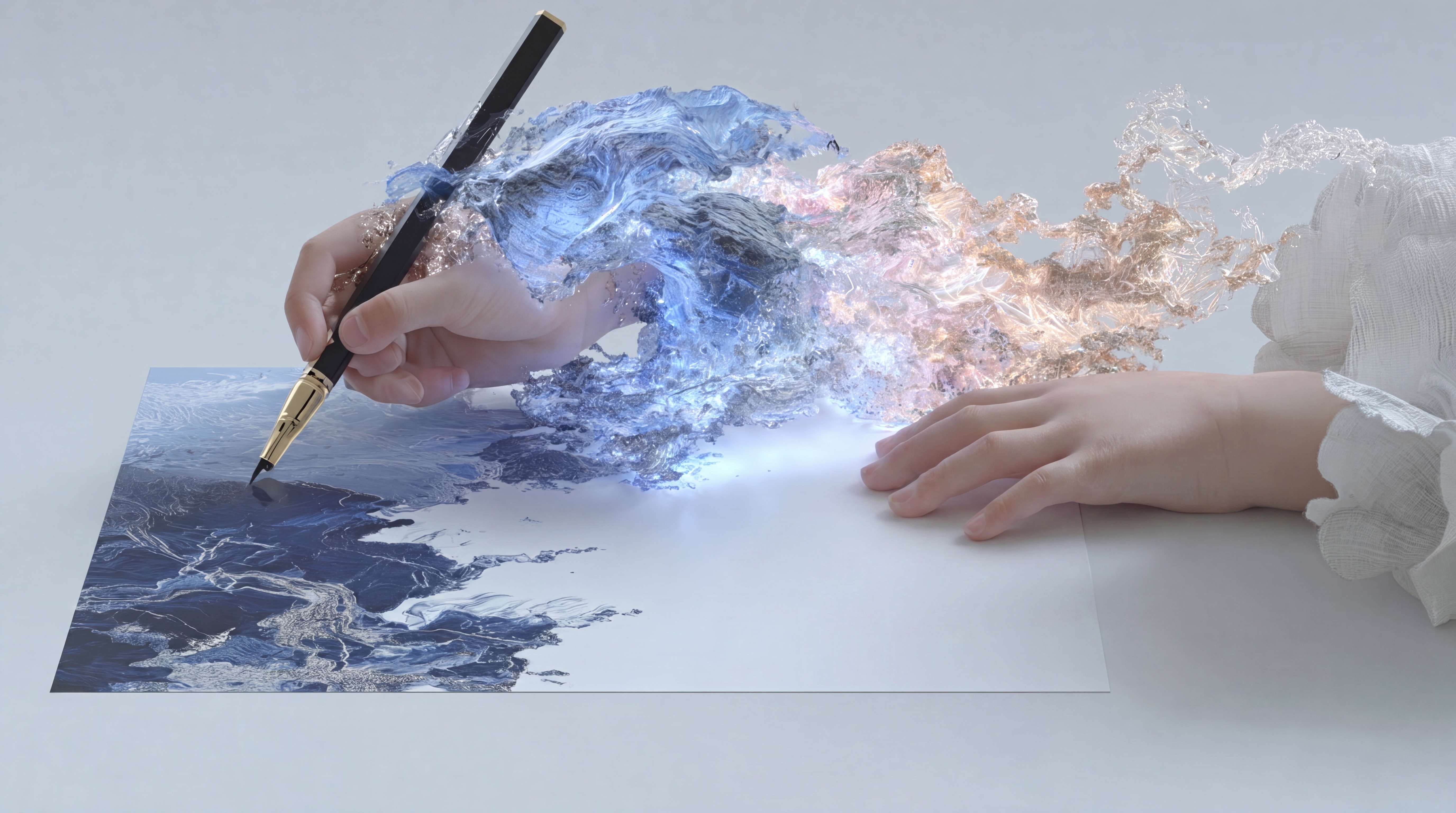 子どもの手が自由に絵を描く横に、AI生成の光が現れる——造る快楽への回帰