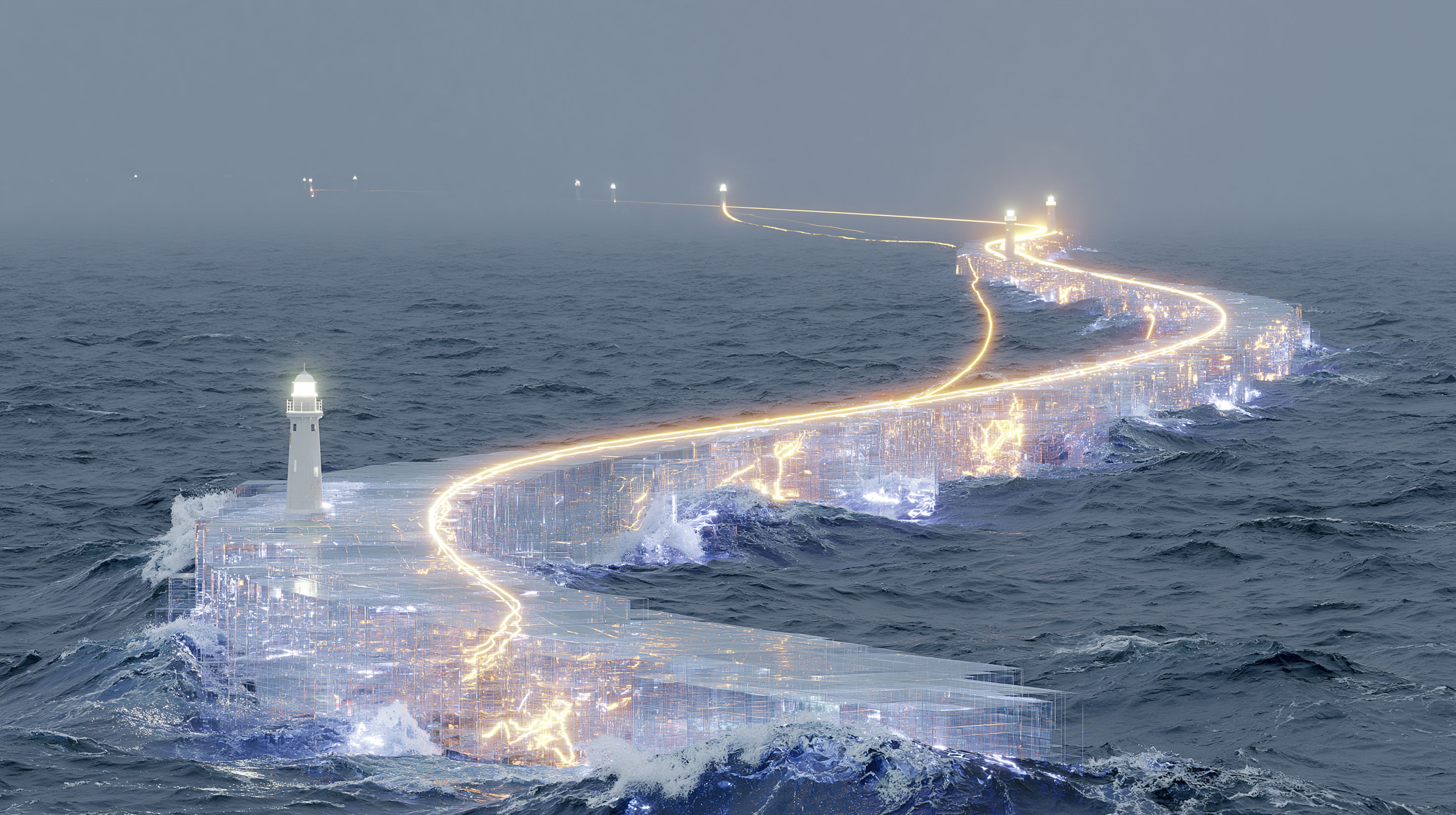 霧に沈む夜の海に浮かぶ半透明の層状の橋を、一本の金色の光の糸が遠くの灯台へと架けていく抽象図