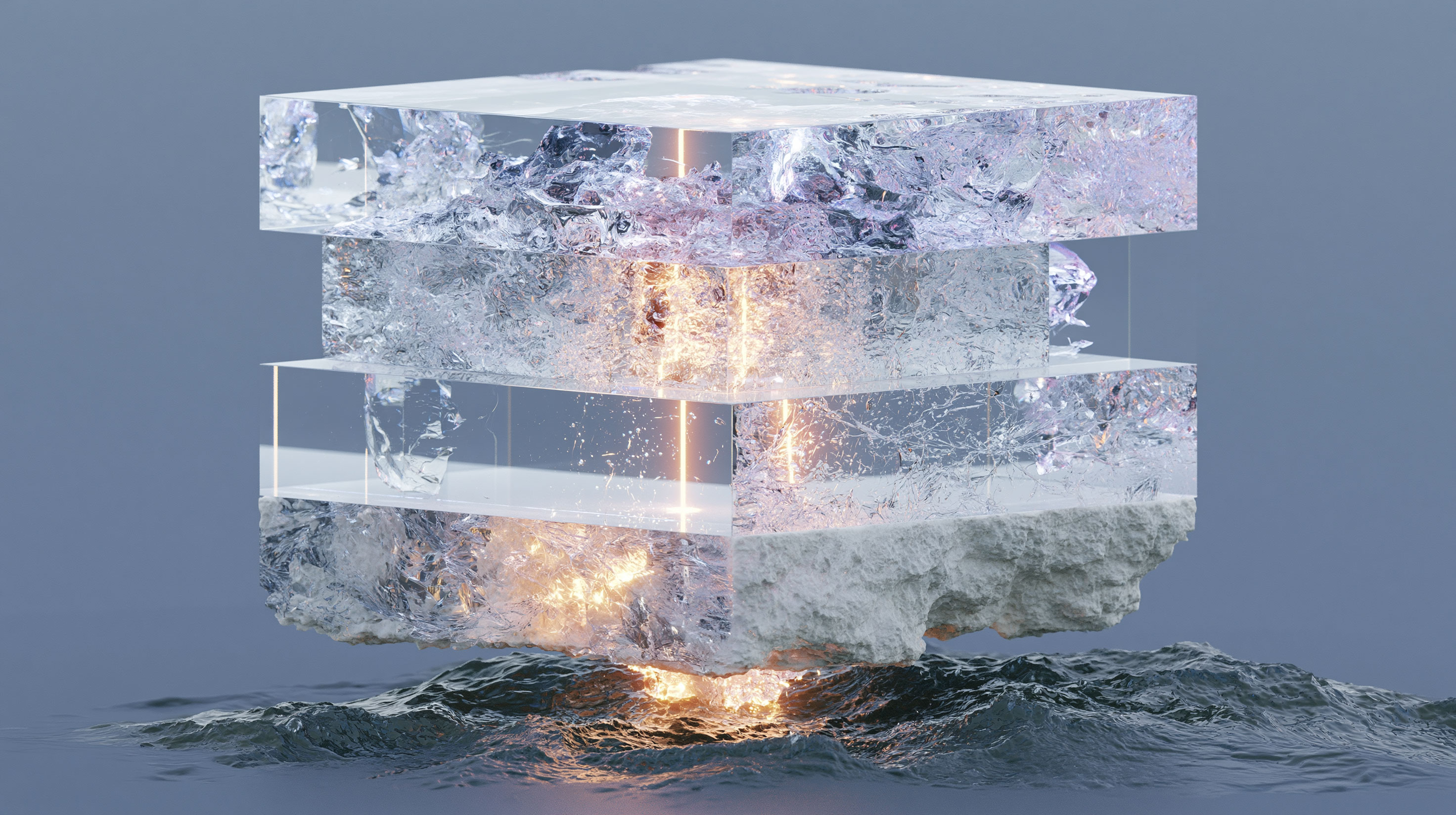 浮遊する半透明のガラス層を、金色の光の芯が垂直に貫いてゆく抽象図。層ごとに外側の質感は異なる