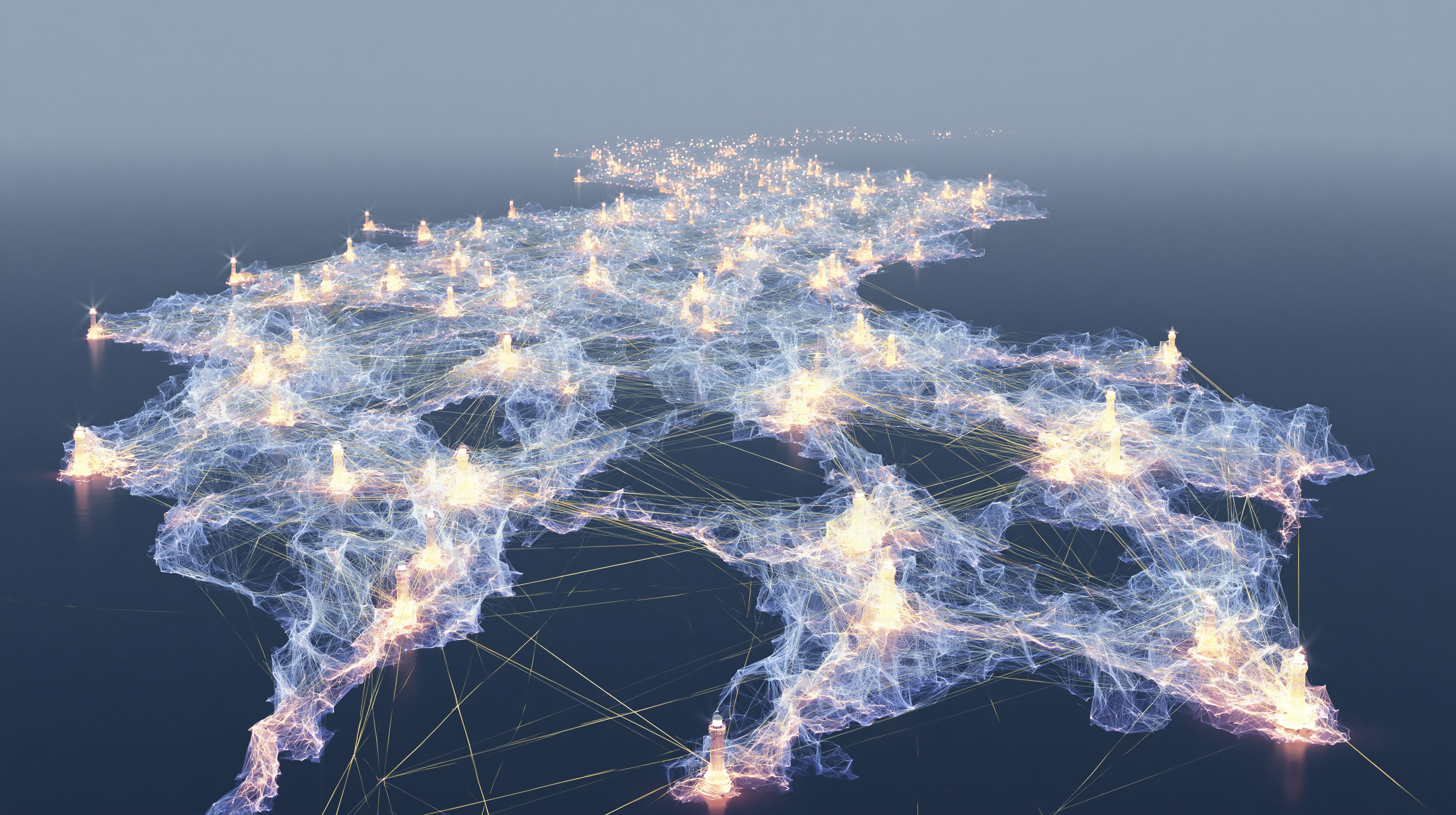 夜の霧の海を俯瞰し、無数の灯台が金色の光の網でつながってゆく抽象図