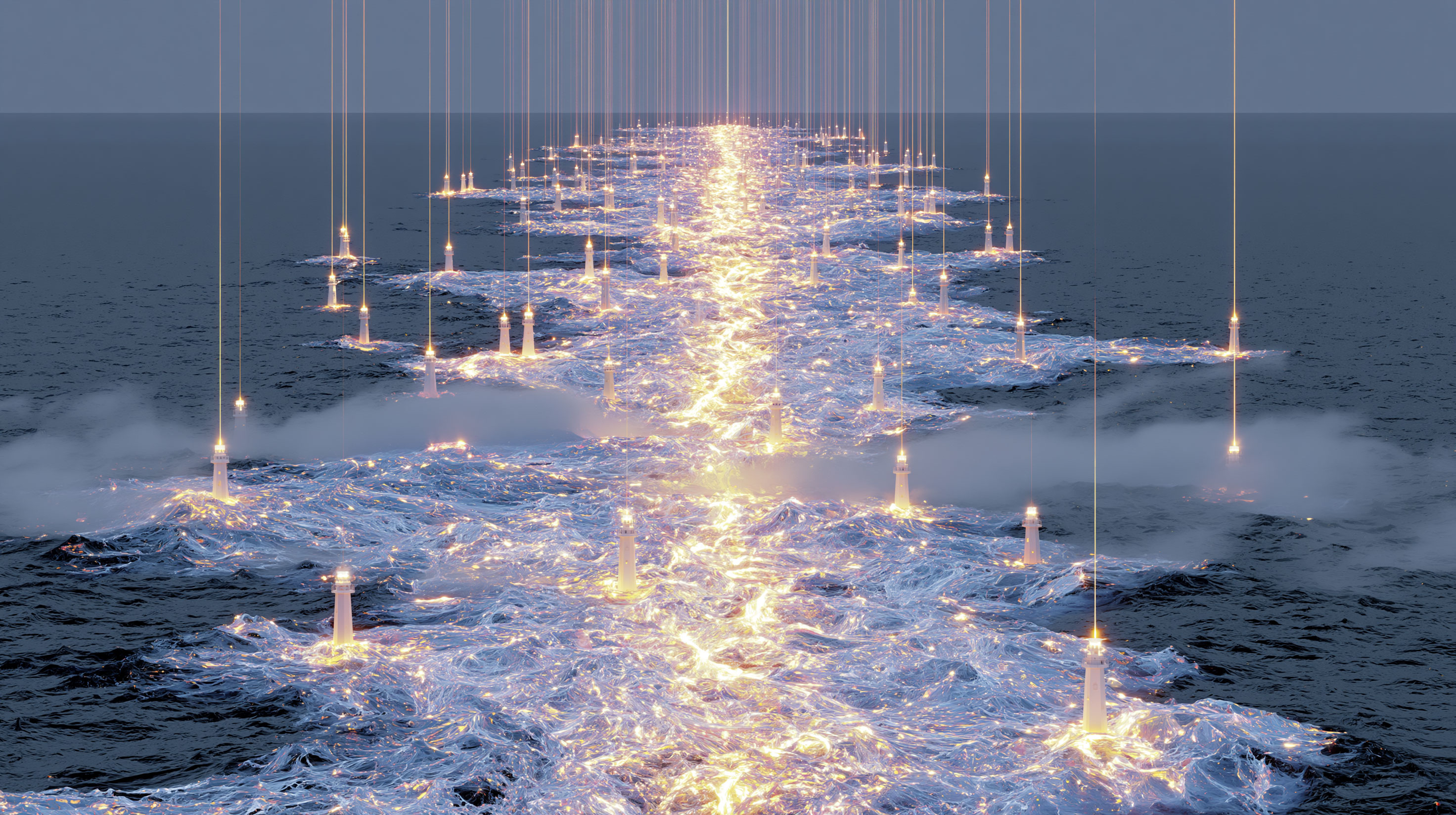 夜の海を俯瞰し、無数の小さな灯台から伸びる金色の光が一本の垂直な鎖のように空へ向かって収束してゆく抽象画、低く漂う霧、静かで思索的な構図