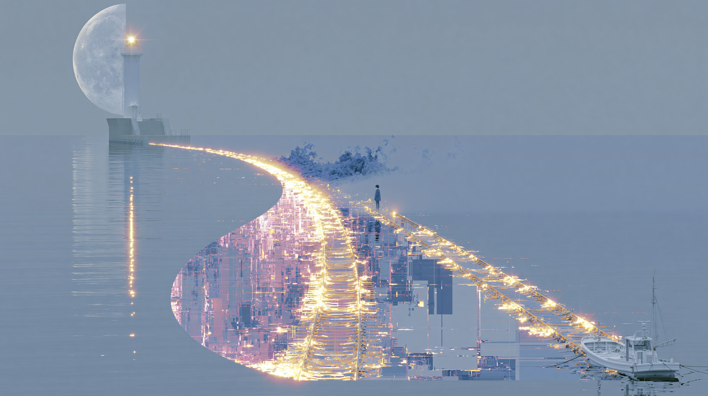 夜の海面に伸びる二本の平行なレールの光跡、片方は金色の光を保ち灯台へ続きもう片方は濃い霧に飲み込まれて消えてゆく抽象画、分岐点に小さな一艘の舟、静かで緊迫した構図