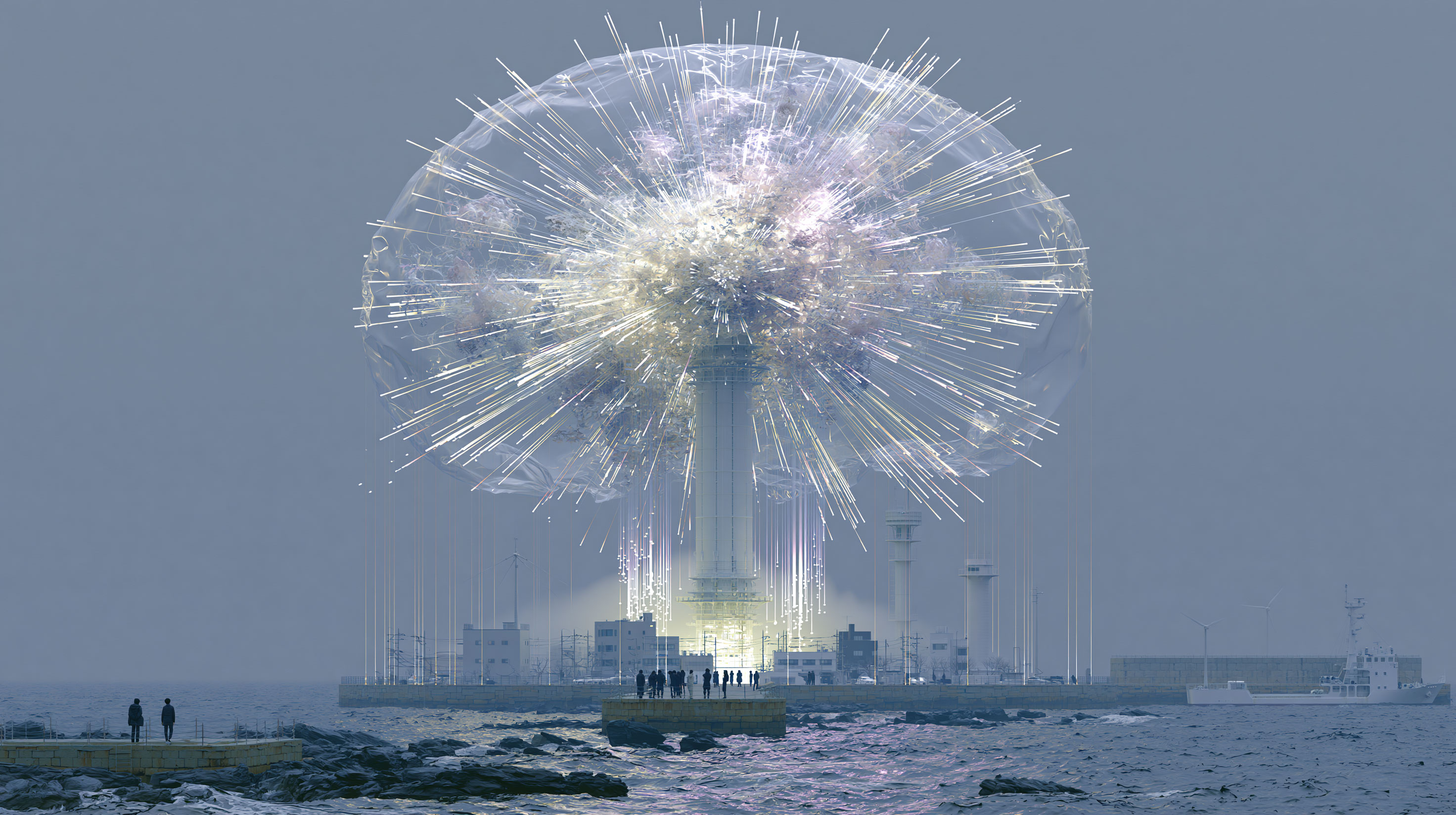 夜の海に散らばる無数の小舟、それぞれが提灯のような淡い光を灯し明るさも色味も少しずつ異なる抽象画、一つの巨大な光に統率されず思い思いに漂う、霧に包まれた水面