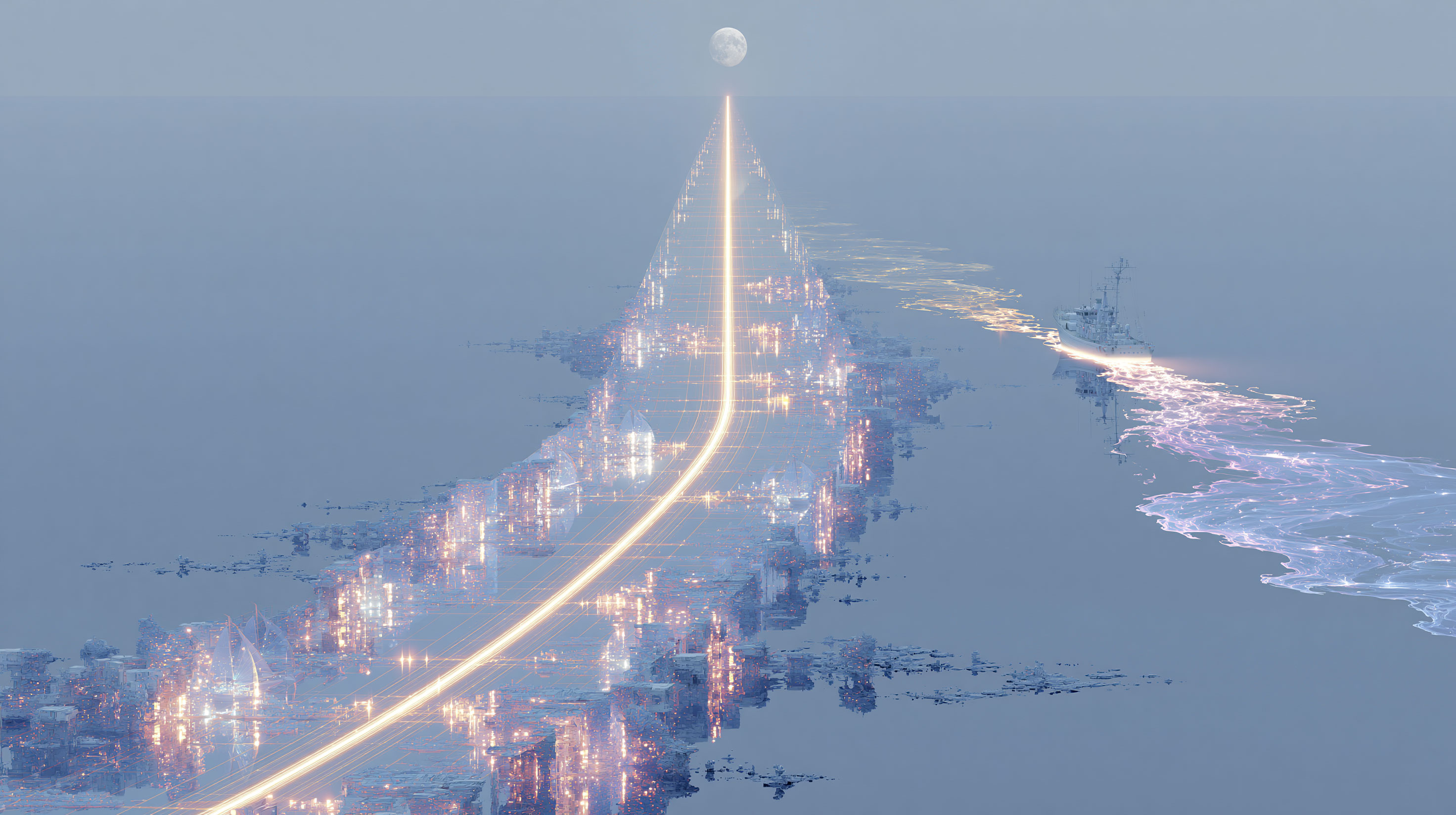 一本の強い金色の光の航路が霧の海の上に真っ直ぐ延び、その脇で揺らめいていた淡い光の小舟の航跡が次第に薄れ消えてゆく抽象画、静かで少し寂しい構図、深い夜の色調