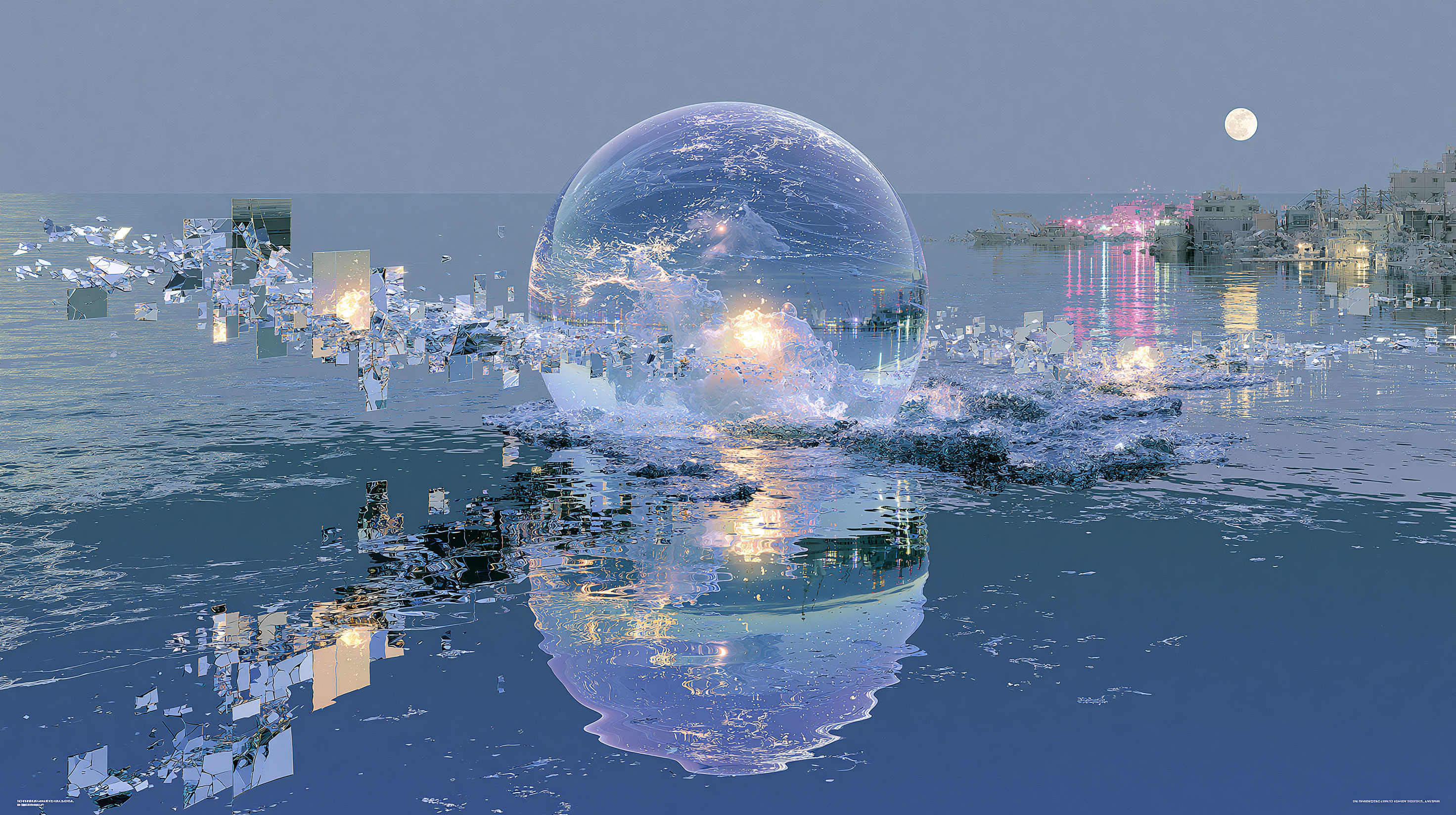 夜の水中に浮かぶ半透明の球体の中で柔らかな光が静かに脈打つ抽象画、球の外側には割れた鏡のような光の断片が幾つも漂うが球には決して触れない、静謐で緊張感のある構図、深い藍色