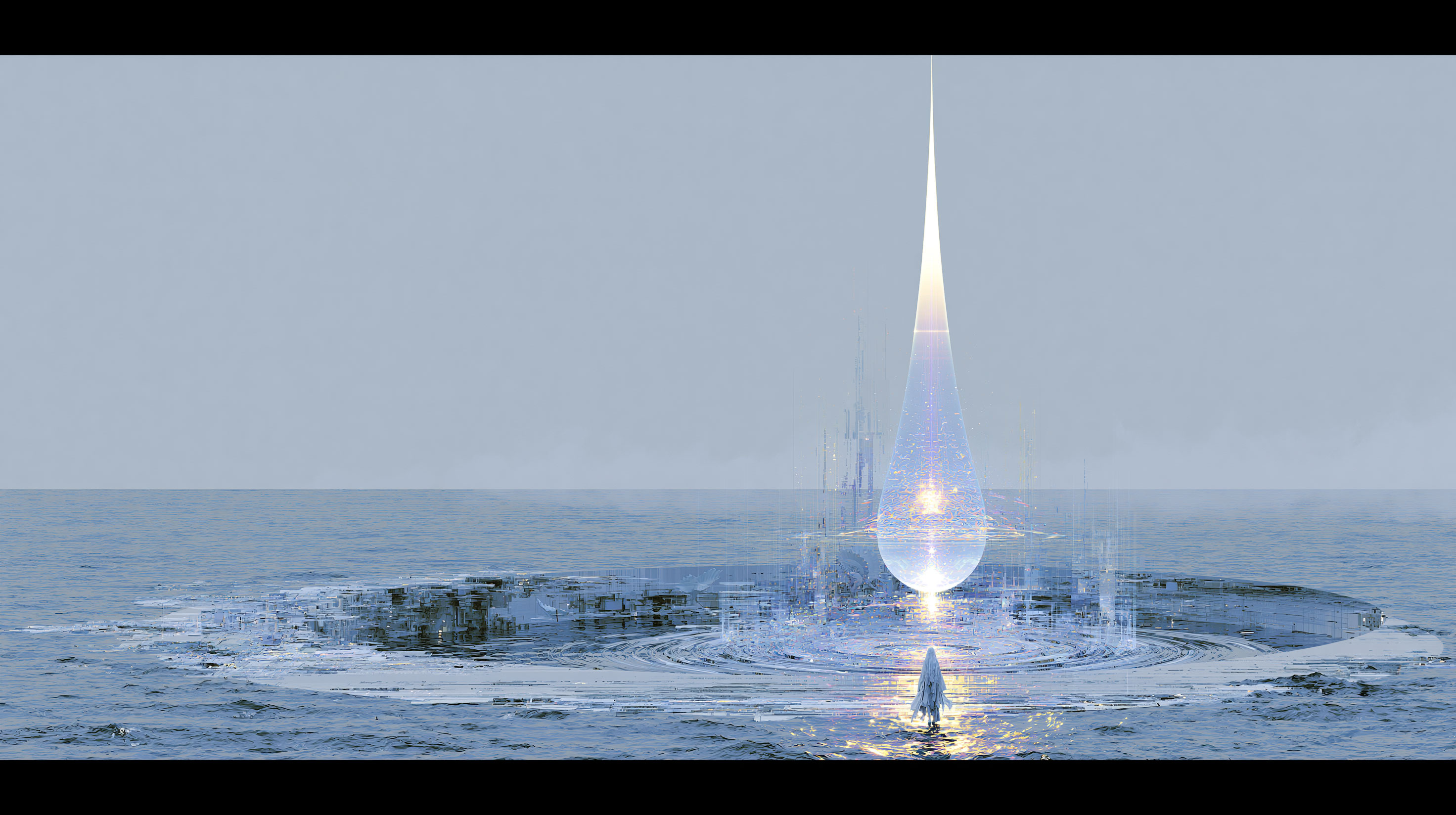 凪いだ夜の海面のすぐ上で一粒の光る滴が静止したまま宙に留まっている抽象画、水面にはまだ波紋が生まれていない、低く漂う霧、息を止めたような静かな構図