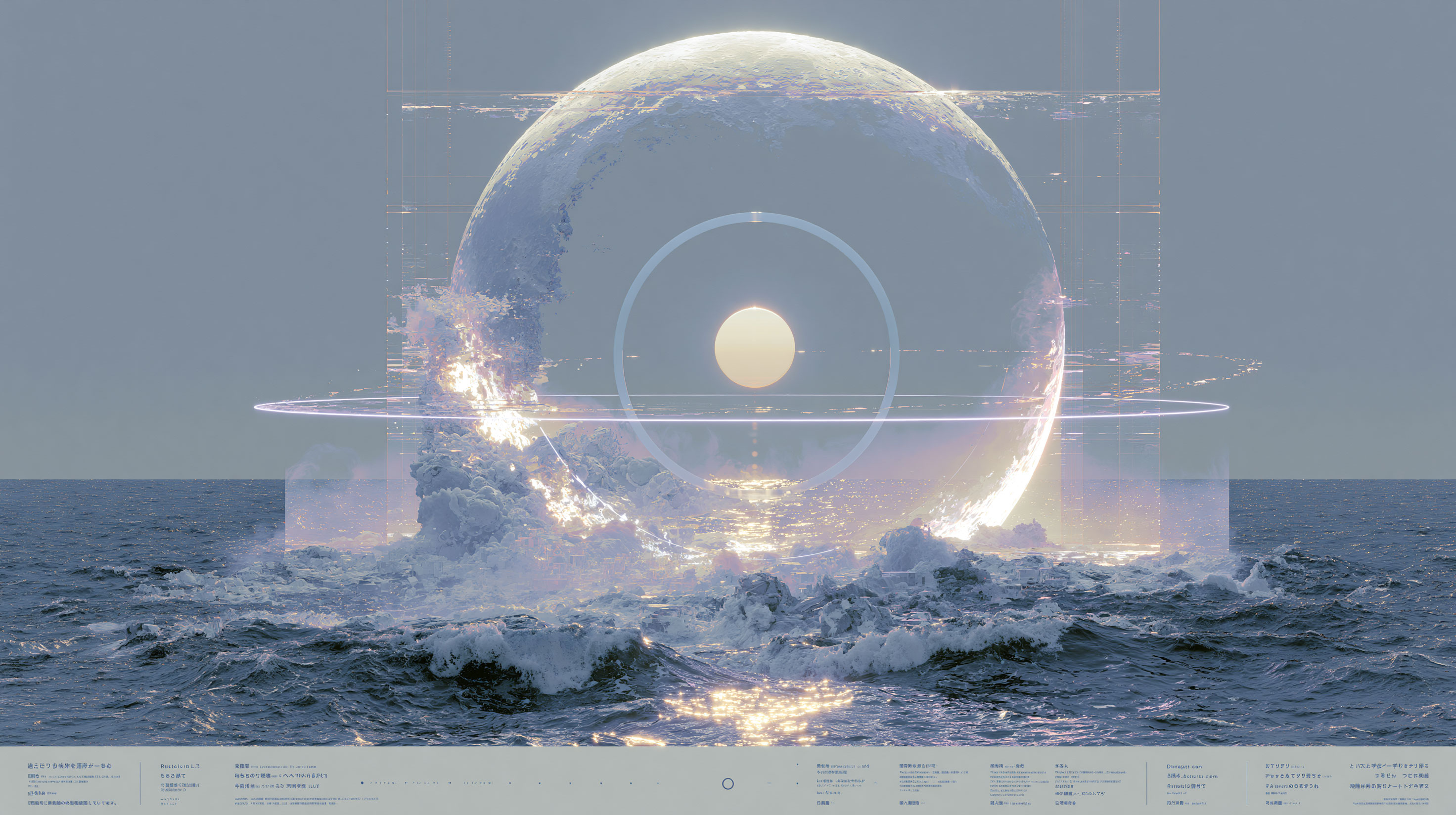 暗い霧の海の上に、幅と淡い色の異なる帯が幾層にも重なって浮かぶ半透明の縦長の巻物のような抽象画、まるで光で出来た成分表示のラベルが宙に垂れ下がっているような構図
