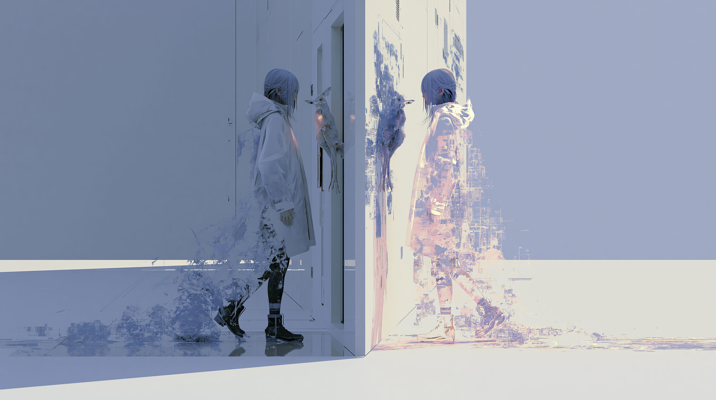半透明の二つの人影が向かい合い、一方の胸には柔らかな光が灯り、もう一方の胸は同じく透けていながら光を宿していない抽象画