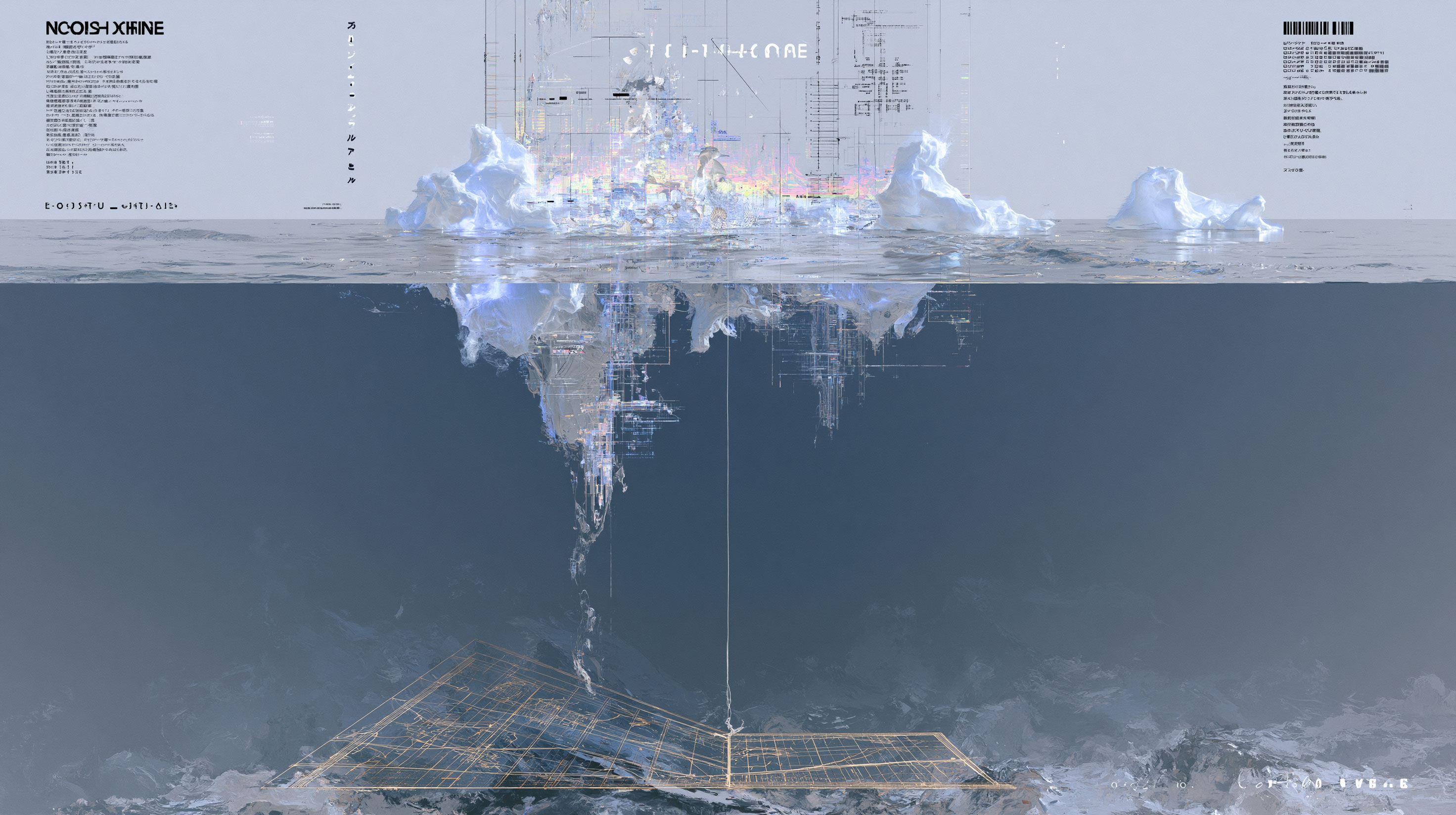 水面に浮かぶ無数の光点と、深海に沈む一枚の海図が細い金の糸だけで繋がれている抽象画、深い藍の階調