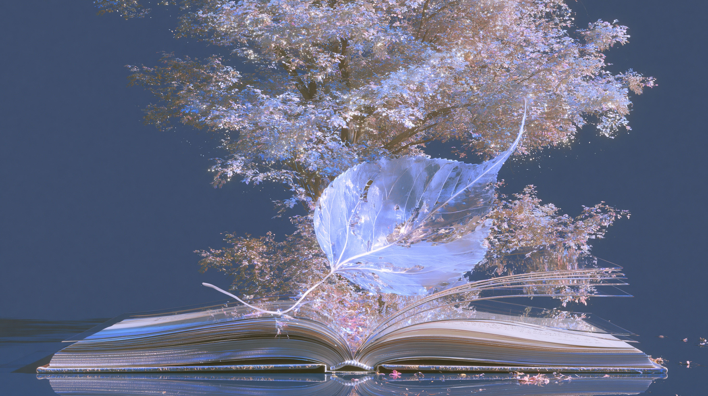 半開きの書物の頁の間に淡く青く光る一枚の葉が挟まれ、その背後に無数の小さな葉が同じ光を宿す木の影が広がる抽象画