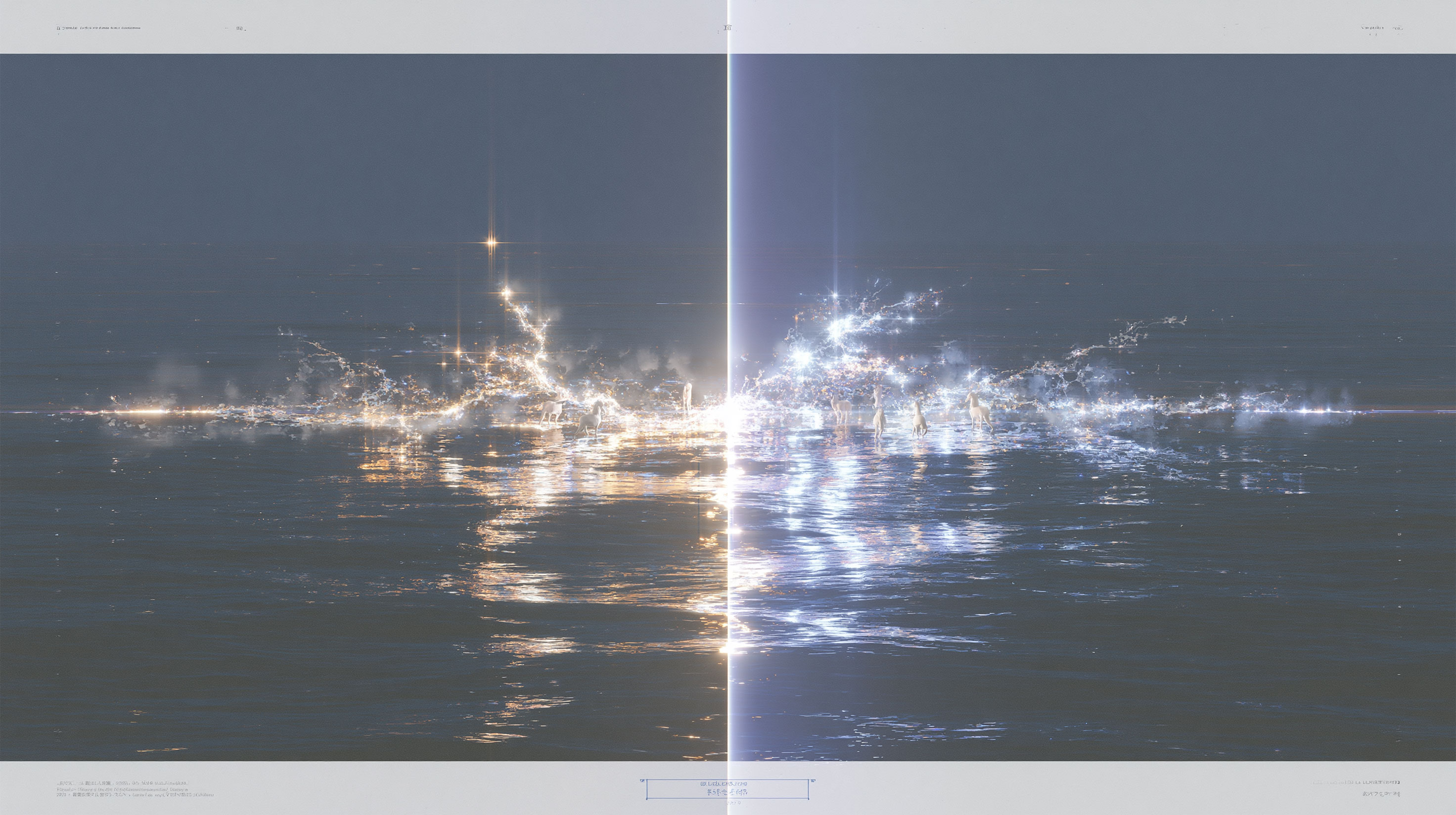 夜の海を横切る二本の並走する光跡、一方は暖かい金色、一方は淡い青、逡巡し分岐し再合流する地点でだけ強く発光している抽象画